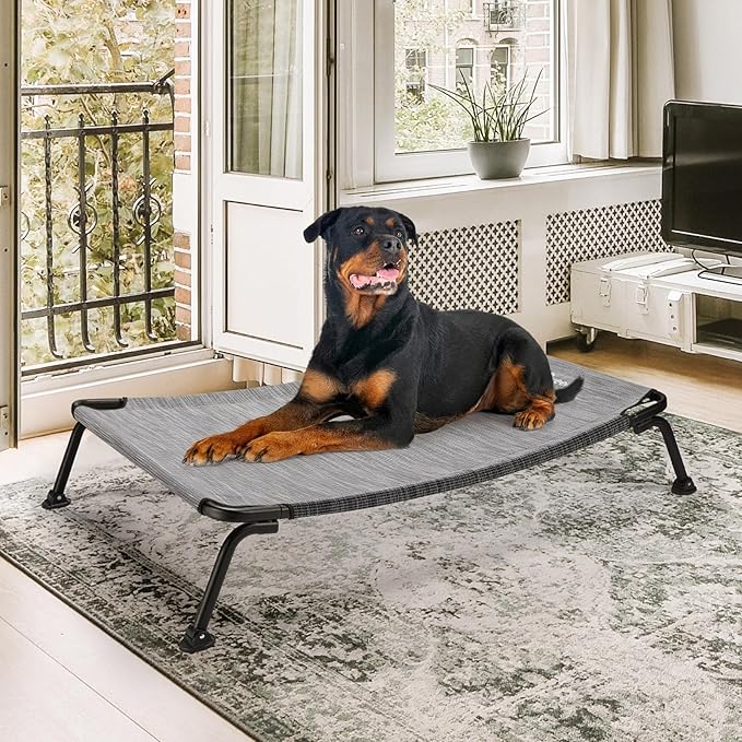 Veehoo Outdoor Elevated Dog Bed, Cooling Raised Dog Cot Bed XL, Portable Waterproof Curved Dogs Hammock Beds for Outside, up to 150lbs, Black Legs, Black Silver 49"