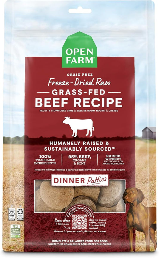 Open Farm, Freeze Dried Raw Dog Food, Patties with 95% Meat, Organs & Bone, Complete Meal or Freeze Dried Dog Food Mixer, Grass-Fed Beef Recipe, 10.5oz Bag