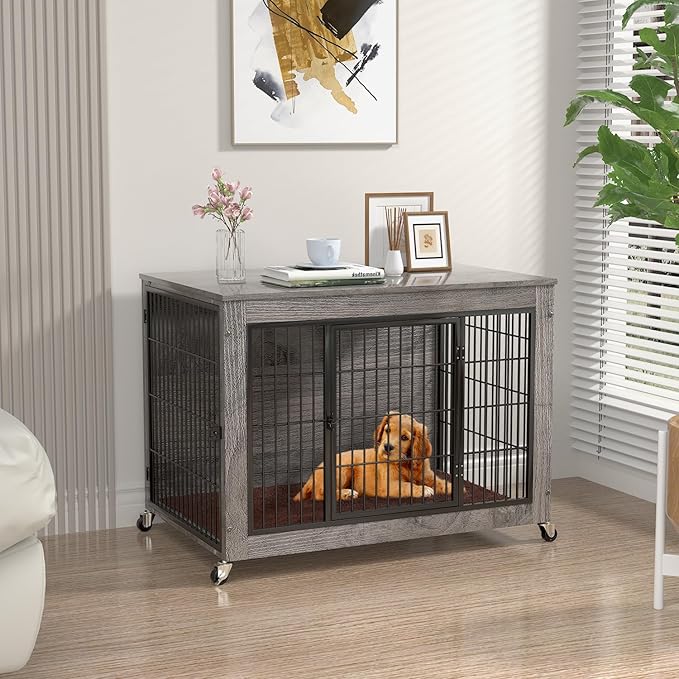 32" Dog Crate Furniture with Cushion,Dog Kennel Indoor for Small/Medium Dog,Wooden Pet House End Table with Durable Mesh,Decorative Pet Crate with Wheels,Wide Top Dog Cage with Storage,Grey