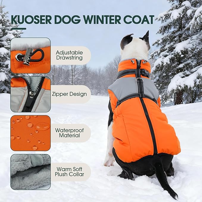 Kuoser Dog Coat, 2 in 1 Dog Jacket with Harness Built in, Winter Waterproof Puppy Puffer Jacket Snowsuit for Small Medium Large Dogs, Cold Weather Reflective Pet Fleece Vest with Zipper