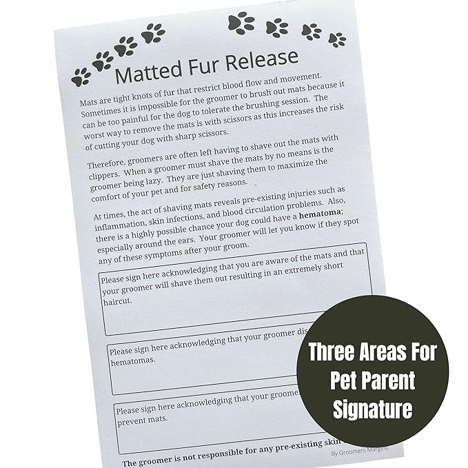 Matted Fur Release Forms for Dog Grooming Salons (Pad of 100, 5.5 X 8.5 Inches) - Addressing Mats