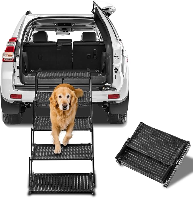 Extra Wide Dog Stairs for Car - Foldable Dog Ramps for Large Dogs with Non Slip Surface, Portable Pet Stairs for Cars and SUV, Truck, Sofas, Bed Support Up to 250 lbs(Wide 5 Steps)