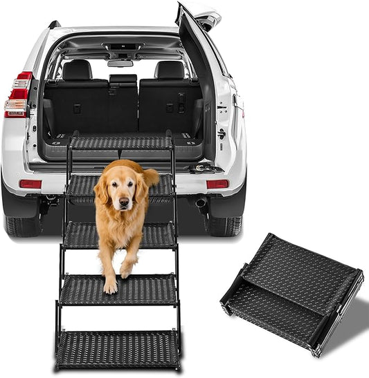 Extra Wide Dog Stairs for Car - Foldable Dog Ramps for Large Dogs with Non Slip Surface, Portable Pet Stairs for Cars and SUV, Truck, Sofas, Bed Support Up to 250 lbs(Wide 5 Steps)