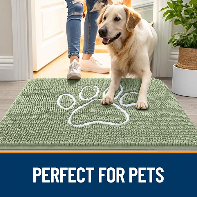 OLANLY Dog Door Mat for Muddy Paws 36x24, Paw Print Design, Absorbs Moisture and Dirt, Non-Slip Washable Doormat, Quick Dry Chenille Mud Mat for Dogs, Entry Indoor Entryway Carpet, Sage Green