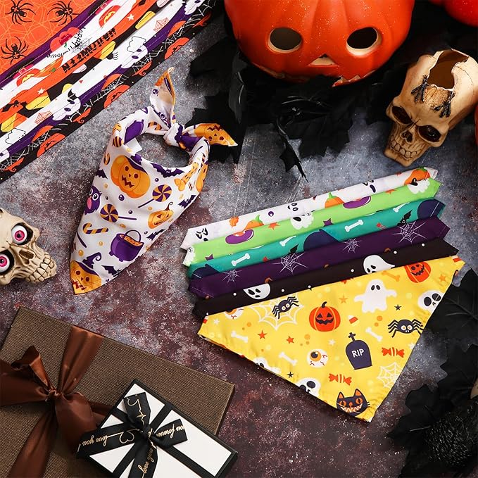 Sanwuta 100 Pcs Halloween Dog Bandanas Bulk Pumpkin Bat Spider Skull Pattern Dog Bandanas for Dogs Triangle Bibs Scarf for Small Medium Large Pet Christmas Costume Accessories(Large)