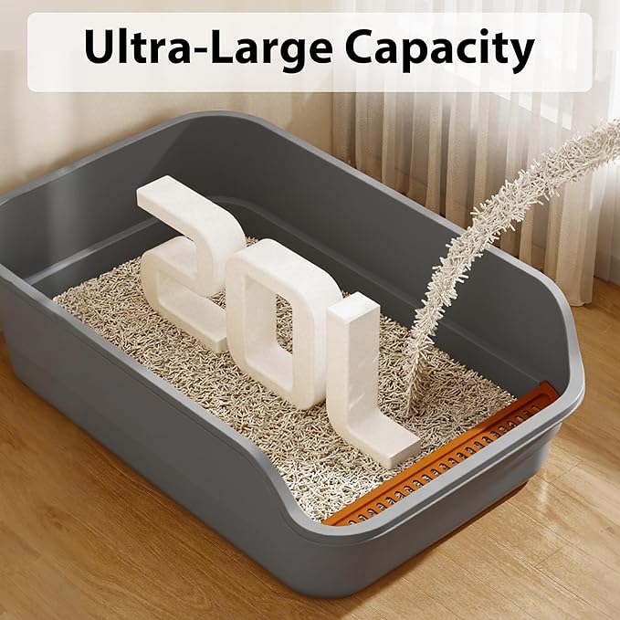 Gefryco Extra Large Cat Litter Box with High Sides, Side Entry Kitty Litter Boxes for Indoor Cats, Anti Splashing (Gray)