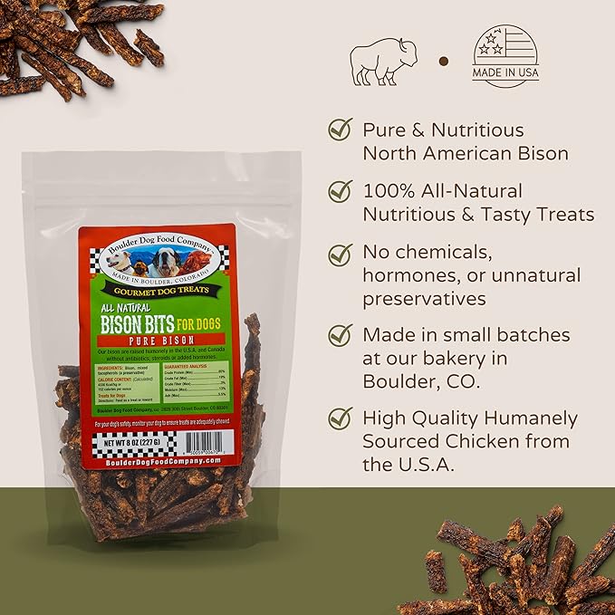 Bison Bits: Pure Bison Dog Treats - All Natural, Vet Approved, Limited Ingredient, Grain Free, Healthy & Nutritious Dog Treats (8oz)