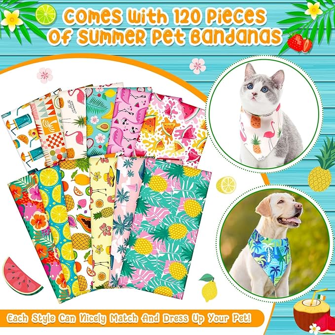 Sanwuta 120 Pcs Dog Bandana Bulk Scarf Washable Dogs Bibs Adjustable Kerchief Pet Bandana for Small and Large Party Pet Hawaii Beach Handkerchief Scarf Accessories(Summer)