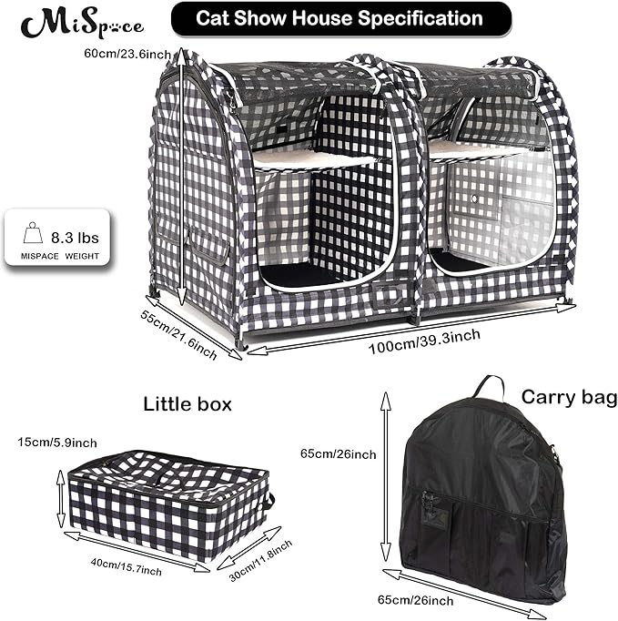 Mispace Portable Twin Compartment Show House Cat Cage/Condo - Easy to Fold & Carry Kennel - Comfy Puppy Home & Dog Travel Crate with Carry Bag/Two Hammocks/Mats and Collapsible Litter Box
