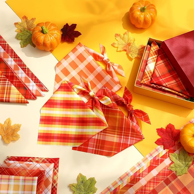 100 Pieces Thanksgiving Fall Dog Bandanas Bulk Plaid Bandanas for Dogs Autumn Soft Triangle Kerchief Bibs Adjustable Triangle Doggie for Small Medium Large Pets Party Costume