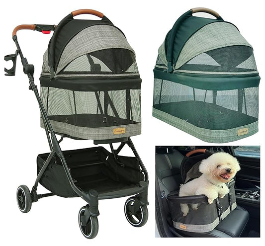 ROODO Fashion 3-in-1 Dog Cat Stroller with Detachable Carrier&Car Seat Combo Best Lightweight Folding Portable All-Terrain Travel Pet Gear Puppy Doggie Kitty Stroller for up to 30 lbs(Grey Lattice)