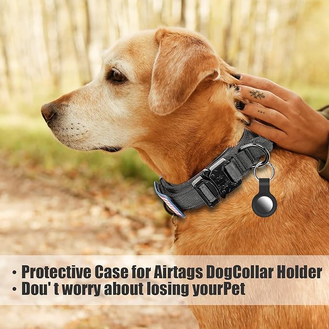 Tactical Military Collar - Adjustable Nylon, Heavy Duty Metal Buckle with Handle for Dog Training, with Patches (M, Black)