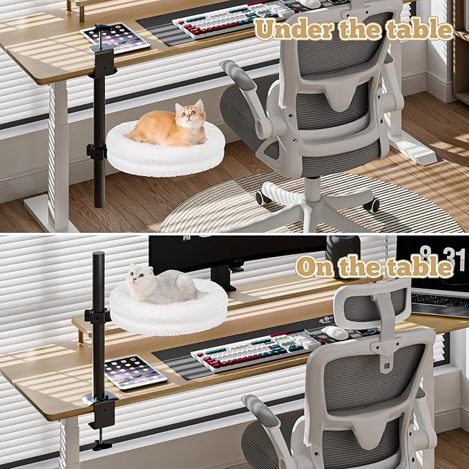 Cat Desk Bed, Supports Up to 50 lbs, Comfortable Soft Perch, Nest Bed Attachment Round Cat Hammock for Desk 360° Rotating & Adjustable Height (White)