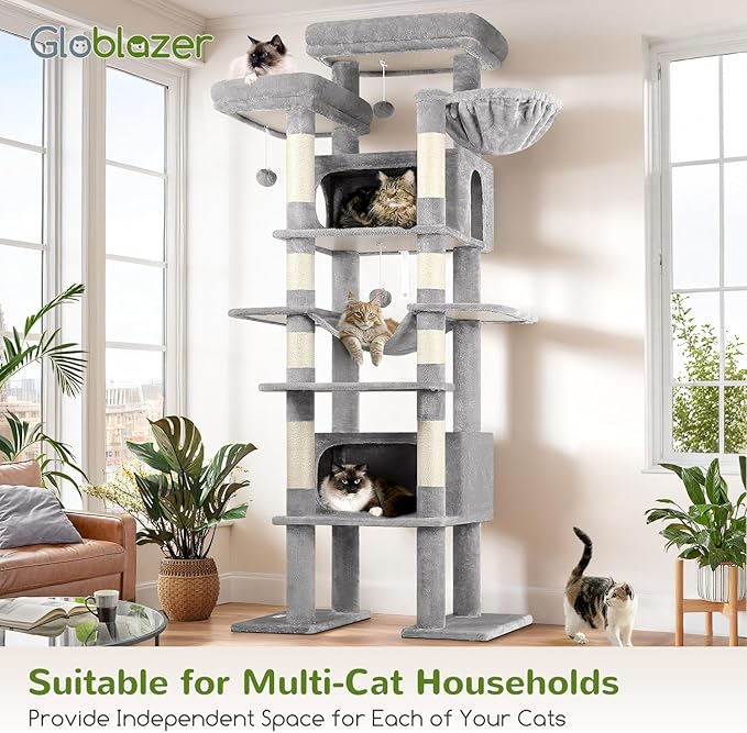 Globlazer XXL Giant Cat Tree, 83 Inch Heavy Duty Tall Cat Tower for Indoor Cats Large Adult, Multi-Level Large Cat Condo with 8 Scratching Posts, Hammock, 2 Cat Caves, 2 Platform, F83B, Light Grey