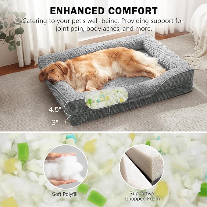 INVENHO Orthopedic Dog Beds Large Sized, XL Washable Egg-Crate Memory Foam Dog Couch Bed with Washable Removable Cover, Waterproof Lining and Nonskid Bottom
