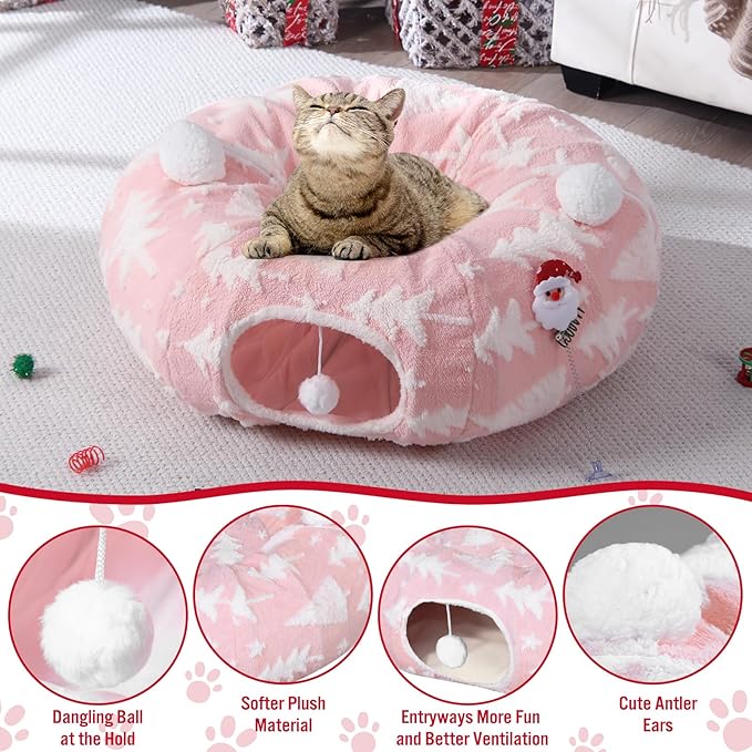 Christmas Cat Tunnel Bed with 8 Cat Toys Fluffy Plush Dog Tunnel Bed with Washable Cushion and Dangling Balls 3FT Multifunctional Playground for Small Medium Large Rabbit(Tree,Pink)