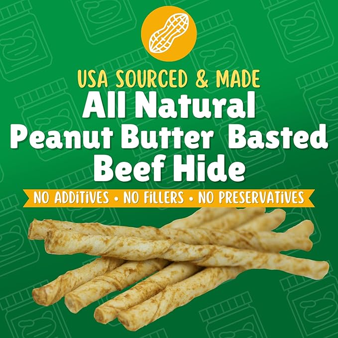 Peanut Butter Rawhide Twist Sticks Dog Treats – 200ct. Premium Rawhide Chew Sticks – Long Lasting Peanut Butter Flavored Chews for Small Dogs Made in USA with Natural Beef Hide