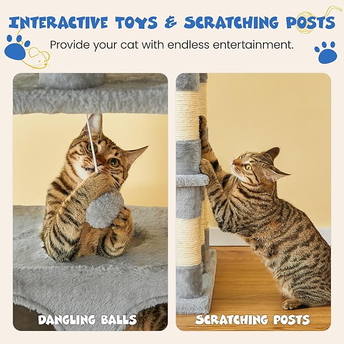 MWPO 74.8 inches Large Cat Tree with Sisal-Covered Scratching Posts & Condo, Tall Cat Tower Entertainment Playground Furniture for Cats & Kittens - Multiple Colors-Light Gray