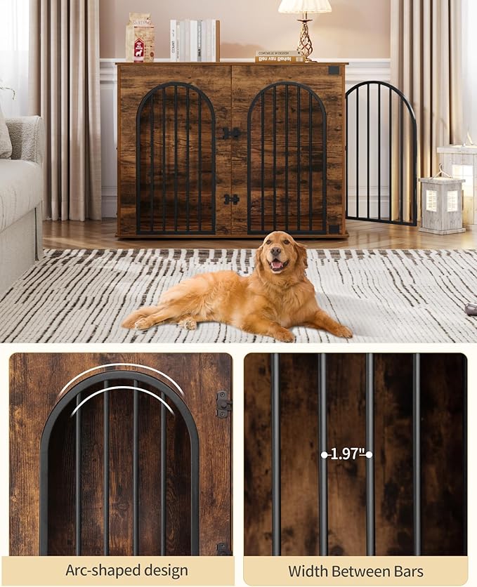 44.1" Wooden Dog Crate Furniture, Indoor Dog Kennel Dogs Cage for Small/Medium/Large Dogs, Heavy Duty Dog Crates Decorative Pet House End Side Table TV Stand, Rustic Brown DFC83901B