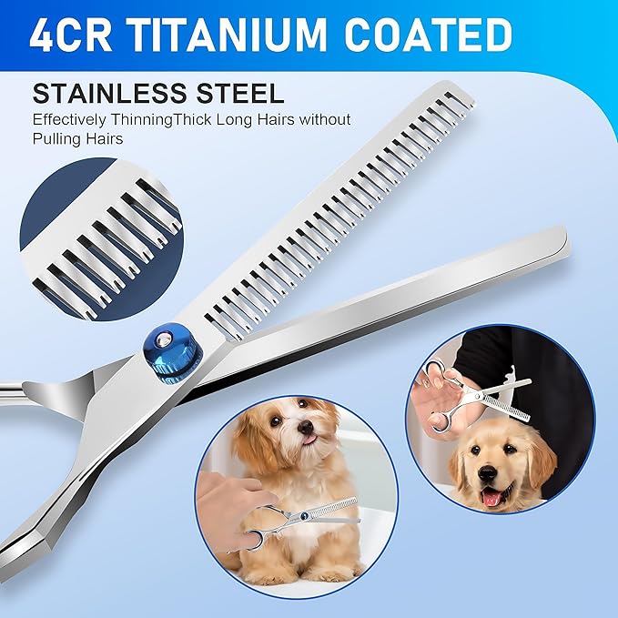 Professional 4 in 1 Dog Grooming Scissors Kit with Safety Round Tips, Sharp and Durable Pet Grooming Shears for Dogs and Cats.
