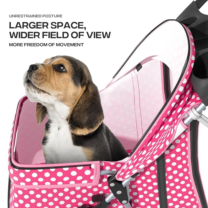 Cat Dog Stroller,3-Wheels Pet for Medium/Puppy Dogs 30 Lbs, Cat Strollers for 1 Cats, Foldable Dog Stroller with Storage Basket and Cup Holder, Breathable Mesh Pink Polka Dots