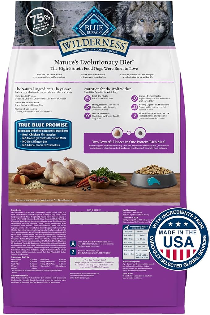 Blue Buffalo Wilderness Natural High-Protein, Small-Bite Dry Food for Adult Dogs, WITH WHOLESOME GRAINS, Chicken, 28-lb Bag