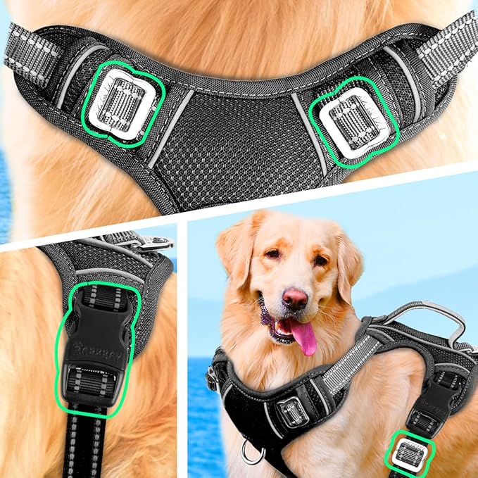 BARKBAY No Pull Dog Harness Large Reflective Dog Harness with Front Clip and Easy Control Handle for Walking Training Running with ID tag Pocket(Black,S)