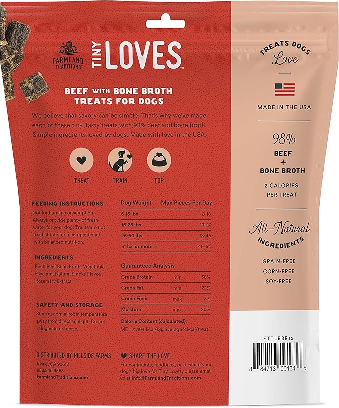 Farmland Traditions Tiny Loves Jerky Trainer Treats for Dogs w/Bone Broth (Beef, 12 oz.)