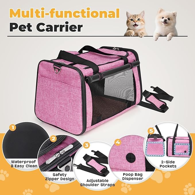 YUDODO 25 lbs Lightproof Soft Sided Pink Pet Carrier for Large Cat & Small Dog Airline Approved Travel Bag Puppy Carriers with Side Pockets & Reflective Mesh, Foldable Portable for Outdoor Car