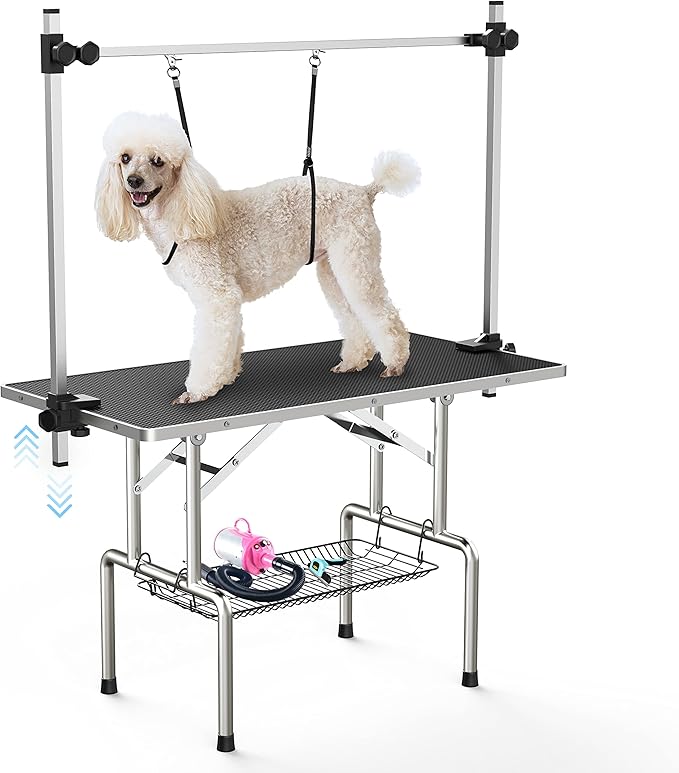 46''Large Dog Grooming Table, Adjustable Cat Drying Desktop with Arms, Nooses, Mesh Tray, Foldable Pet Station at Home, Maximum Capacity Up to 330Lb, 46inch, Black, 46in