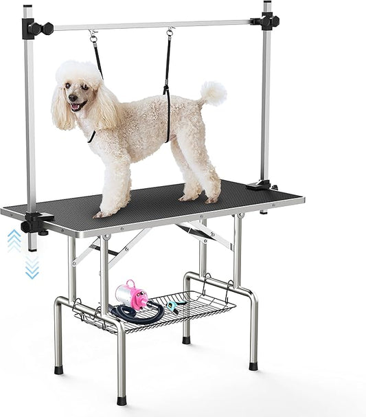 46''Large Dog Grooming Table, Adjustable Cat Drying Desktop with Arms, Nooses, Mesh Tray, Foldable Pet Station at Home, Maximum Capacity Up to 330Lb, 46inch, Black, 46in