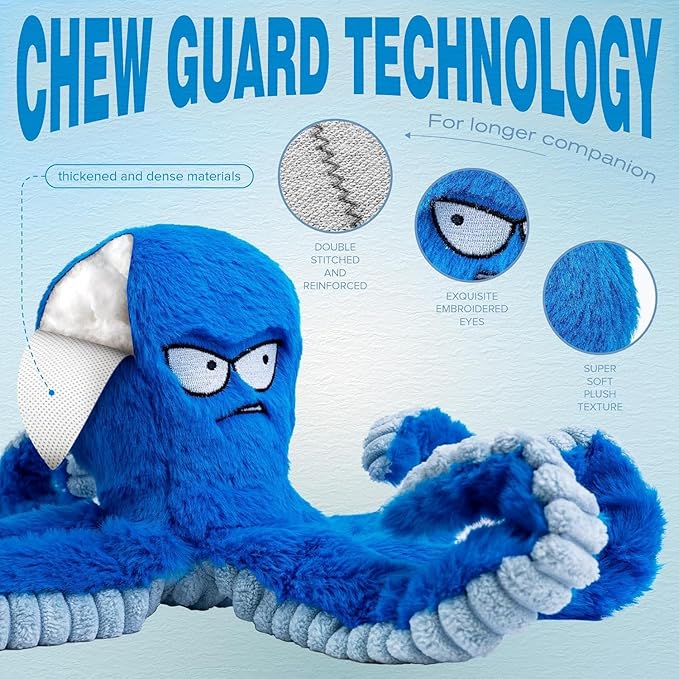 LEGEND SANDY Tough Dog Toys, Stuffed Chew Large Dog Toys to Keep Them Busy, Interactive Squeaky Tug of War Doggie Toy, Crinkle Blue Octopus (Blue Octopus 2p)