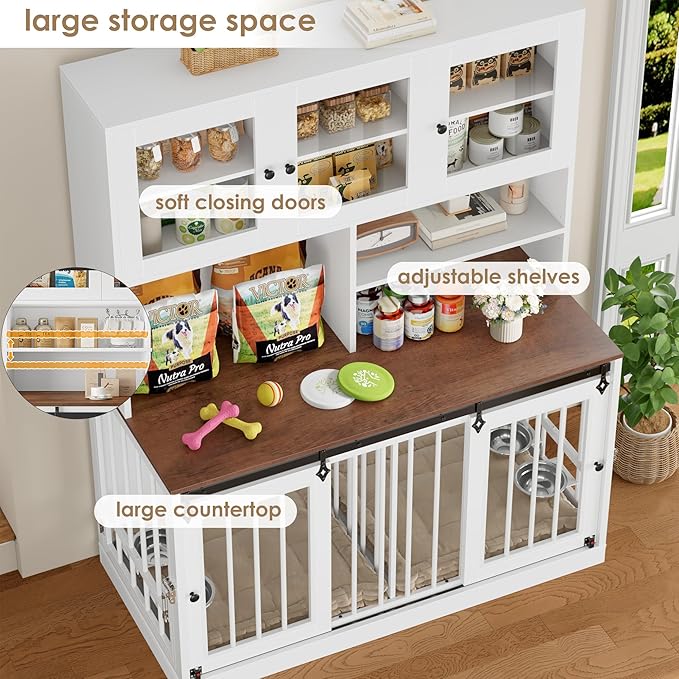 TTVIEW 71"H x 55"L Large Dog Crate Furniture with Hutch Shelf and Glass Door, Indoor Dog Kennel with Divider and Feeding Bowls for Large Dogs 2 Pets, Heavy Duty Dog Cage Pet House with 4 Doors, White