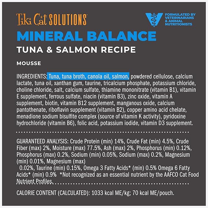 Tiki Cat Solutions Mineral Balance Mousse, Supports Urinary Health, Tuna & Salmon Recipe, 2.4 oz. Pouch (12 Pack)