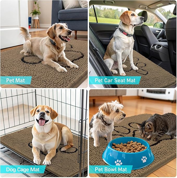 OLANLY Dog Door Mat for Muddy Paws 48x30, Paw Print Design, Absorbs Moisture and Dirt, Absorbent Non-Slip Washable Doormat, Quick Dry Chenille Mud Mat for Dogs, Entry Indoor Entryway Carpet, Tan