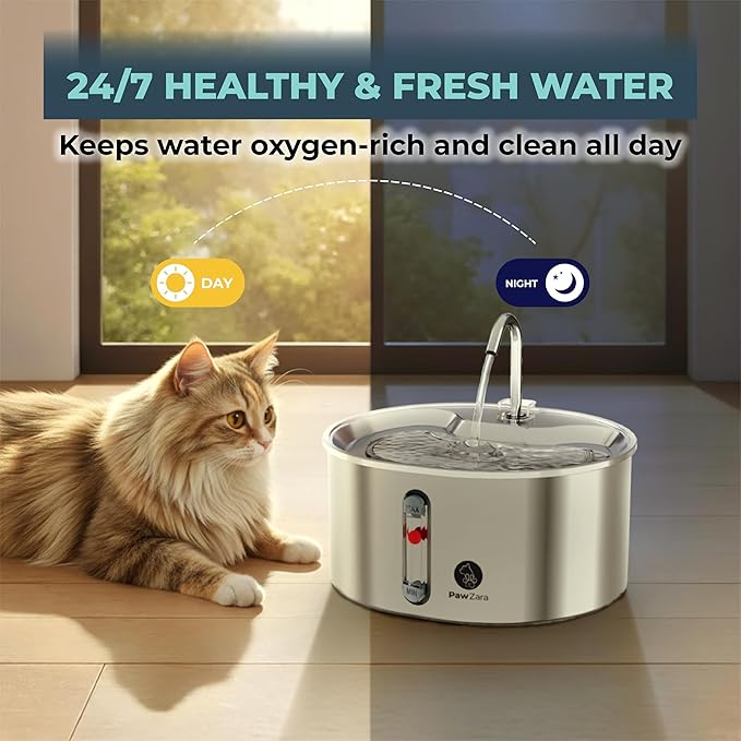 Cat Water Fountain: 108oz/3.2L Ultra Quiet with Cat Fountain Water Level Window, Pet Water Fountain Bundle with 4 Extra Filters and Motion Sensor
