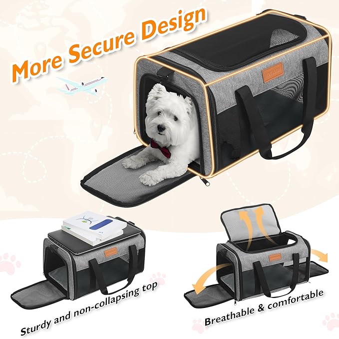 PETUX TSA Approved Pet Carrier in Cabin, 17"x11"x9.5" Soft Cat Carriers for Small Cat up to 12 lb, Top-Open Portable and Breathable Pet Carrier Airline Approved for Travel and Vet Visit, Grey