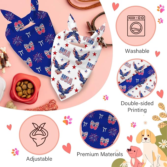 2 Pcs Patriotic Dog Bandana, American Flag Dog Bandana, Independence Day Puppy Scarf Kerchief Bandana for Medium Pet Dogs On Birthday, Gifts for Puppy, Red White and Blue Bandanas