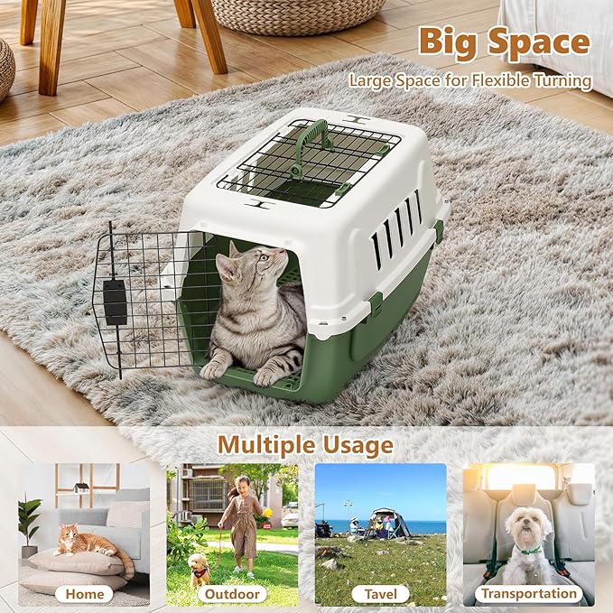 Athena Collection 22" Hard-Sided Travel Pet Carrier for Small Dogs and Cats, Plastic Dog Crate with 2-Door Top & Front Load, Ventilation, Security Lock, Cat Dog Carrier for Pet, up to 22lbs, Green