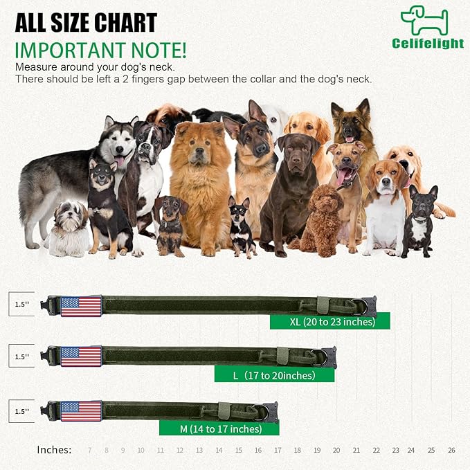 Tactical Dog Collar, Adjustable Nylon, Heavy Duty Metal Buckle with Handle, Green, L