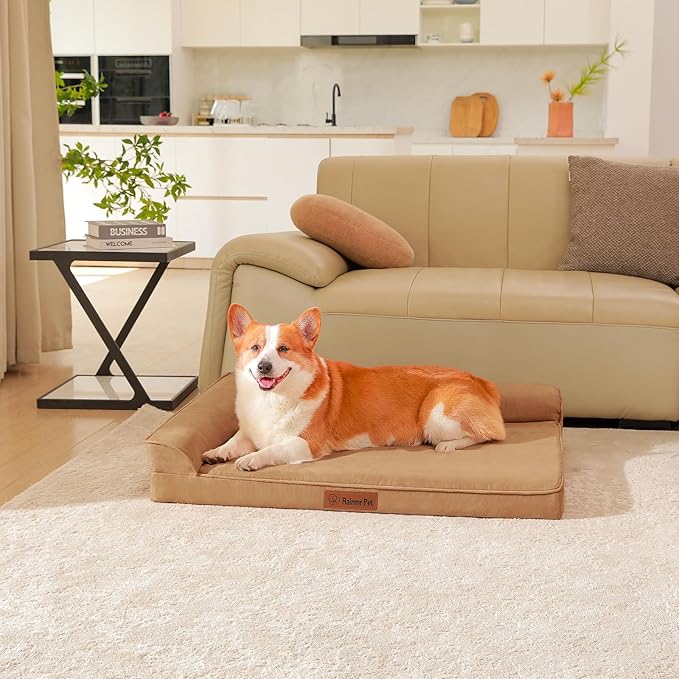 Orthopedic Dog Beds Large Sized Dog, Memory Foam Pet Bed for Medium and Large Dogs, Removable and Washable Microsuede Cover, TPU Waterproof Liner, Nonskid Bottom, 41x27x6 Inches, Khaki