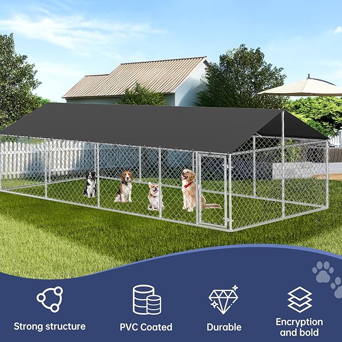 Outdoor Dog Enclosure Heavy Duty Dog Kennel House Mesh Dog Big Cage Pet Kennel Steel Fence with Secure Lock(236”x 118”)