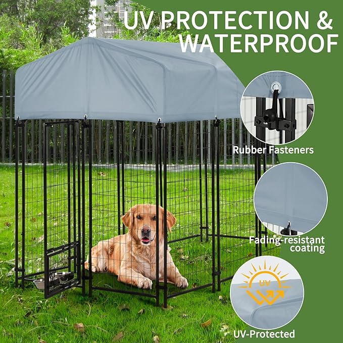 Dog Kennel Outside with Roof, 8'x4'x6' Outdoor Dog Kennels for Large Dogs, Heavty Duty Welded Dog Crate Playpen with UV-Resistant Waterproof Cover & Bowls