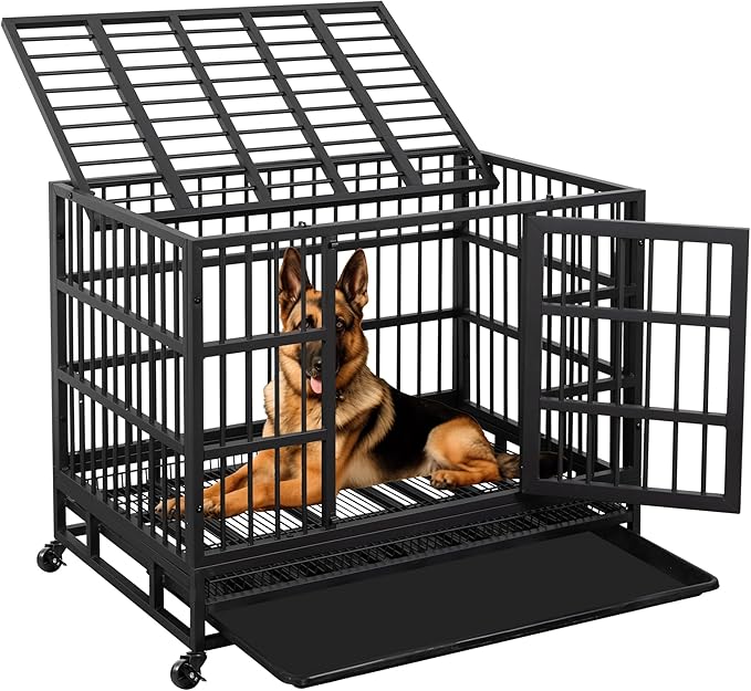 JY QAQA 48/38 Inch Heavy Duty Indestructible Dog Crate Double Doors Escape Proof Cage Kennel,Enhanced Metal Pet Cage,Extra Large XL XXL Crate Indoor for Large Dog with Removable Tray,Lockable Wheels