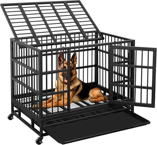 JY QAQA 48/38 Inch Heavy Duty Indestructible Dog Crate Double Doors Escape Proof Cage Kennel,Enhanced Metal Pet Cage,Extra Large XL XXL Crate Indoor for Large Dog with Removable Tray,Lockable Wheels
