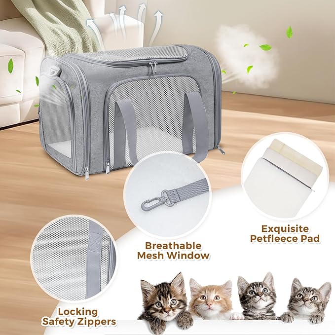 Airline Approved Pet Carrier 17"x11"x11" – Soft Sided Cat Dog Travel Bag for Small Pets up to 15 lbs, Portable Collapsible Pet Carrier Under Seat with Mesh Ventilation & Shoulder Strap (Grey)