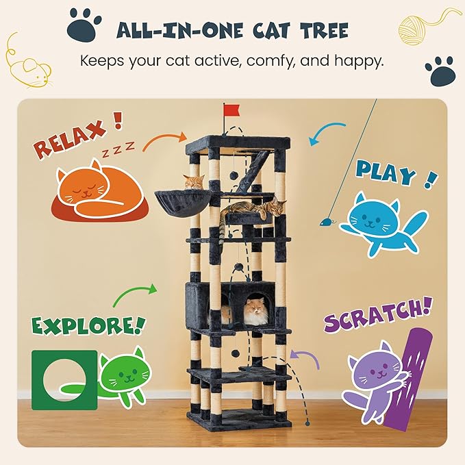 MWPO 74.8 inches Large Cat Tree with Sisal-Covered Scratching Posts & Condo, Tall Cat Tower Entertainment Playground Furniture for Cats & Kittens - Multiple Colors-Smoky Gray