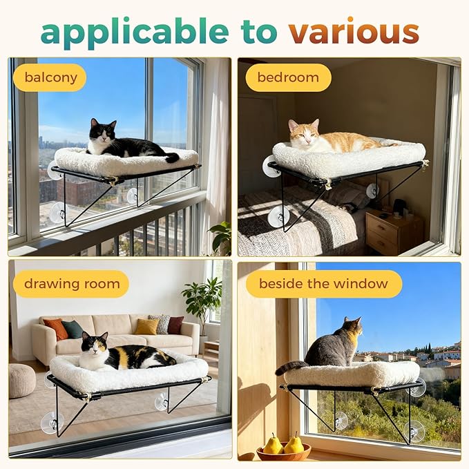 Cat Window Perch, Cordless Cat Hammock Window Seat with Sturdy Metal Frame Supports and 4 Strong Suction Cups (White, Short Hair)