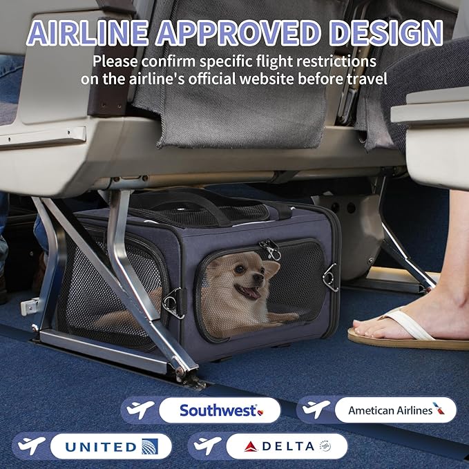 Petsfit Airline Approved Pet Carrier for Small Dogs & Cats, 18x8x11 TSA Approved Carrier, with Removable Dual-Sided Padding (2-Way Placement) - Fits Under Most Airplane Seats, Escape Proof (Navy)