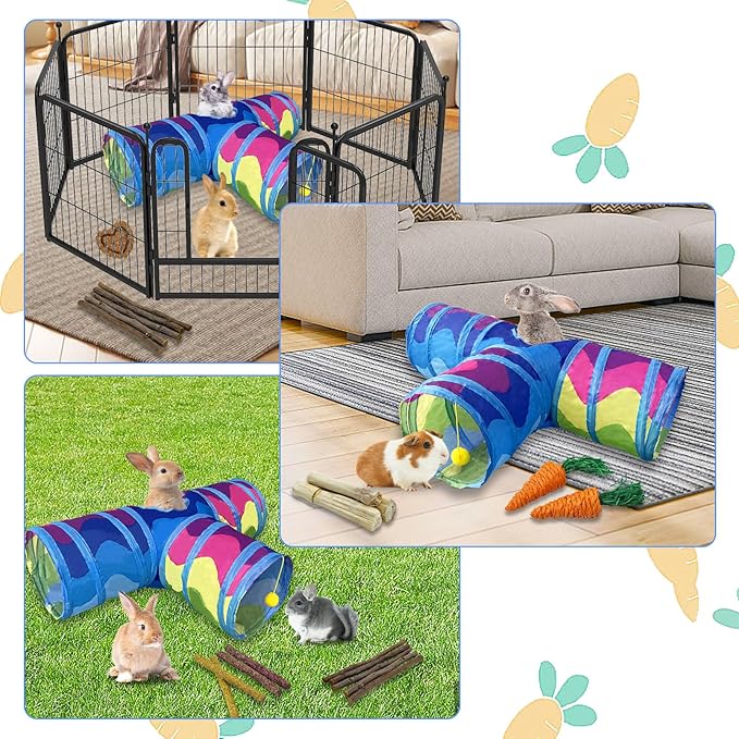 BNOSDM Bunny Tunnel, Collapsible 3 Way Rabbit Tunnels Portable Guinea Pig Tunnel Hideout, Small Animals Activity Tubes with Chew Toys for Kitten Rabbit
